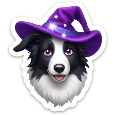 Border Collie with rainbow-coloured eyes wearing a purple velvet wizard hat covered with tiny, sparkling, silver stars. sticker