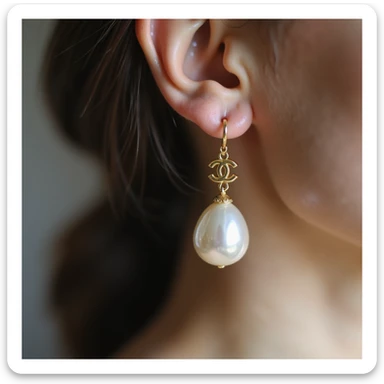 photorealistic pearl drop earrings with a small gold Chanel logo charm, elegant sticker
