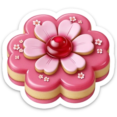 Realistic shortbread cookie in the shape of a cherry blossom with pale pink color jelly middle filling and sprinkled powder sugar on top. sticker