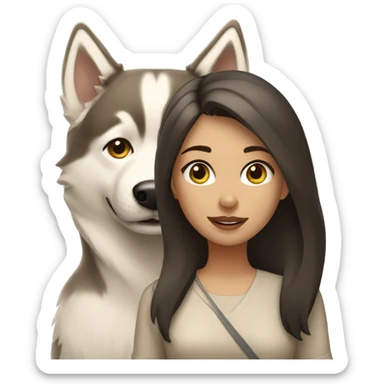 A brunette girl next to a beige Husky sticker