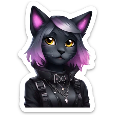 Gorgeous sparkly legendary gradient gothic dark techwear anime style anthro cat with blushing face aesthetic and pretty edgy black with collar and harness trending style sticker