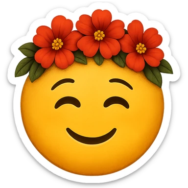 yellow face with red flower crown emoji, digital illustration sticker
