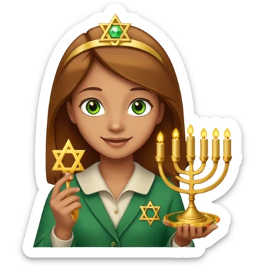 White but tan person with lightish brown hair girl has green eyes and holding the Star of David and a menorah looking at it smiliing sticker