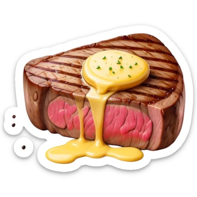Cinematic thick-cut steak, perfectly seared with grill marks, a juicy pink center, butter melting on top, rich and savory, warm glow, sizzling and mouthwatering, highly detailed and appetizing. sticker