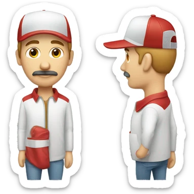 a white male wearing red with a moustache and a trucker hat sticker