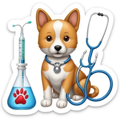 An icon featuring a stethoscope, a paw print, and a syringe, symbolizing veterinary medicine. The design includes a dog and a cat, alongside medical tools, representing animal care, diagnosis, and treatment. Transparent background highlights the science of animal health and well-being. sticker