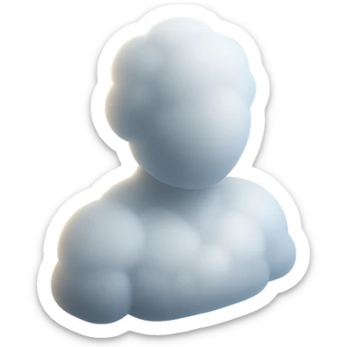 person made entirely of white fluffy convex clouds, shoulder up, front view, matte glass style sticker