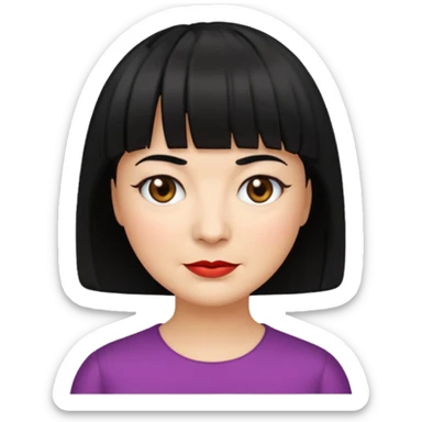 Illustrated emoji of a middle aged woman with short black hair and bangs, white skin and dark eyes sticker