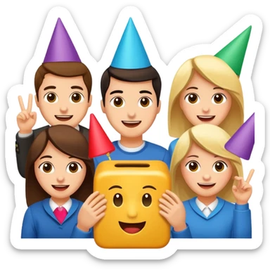 Party quiz with happy people no phone writing blocks empty eyes sticker