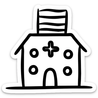 Hospital building with Thai flag on top, medical symbol, simple line drawing sticker