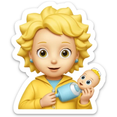 A 3D cartoon baby character fully yellow skin, styled like Maggie Simpson, with pacifier, yellow onesie, big eyes, smooth shading, Memoji-style rendering, consistent with other yellow Simpsons characters. sticker