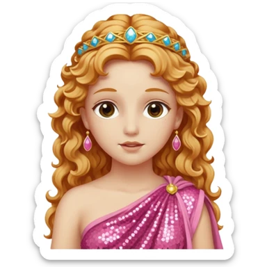 Venus, Goddess of Love from Roman Deities with long strawberry blonde wavy hair, pink sequin toga sticker