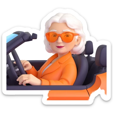 Add stylish sunglasses to the old lady with white hair in the driver's seat of the orange sports car. Keep the 3D emoji style, realistic look, and no background. sticker