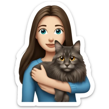 long straight haired blue eyed brunette woman holding norwegian forest cat with amber eyes sticker