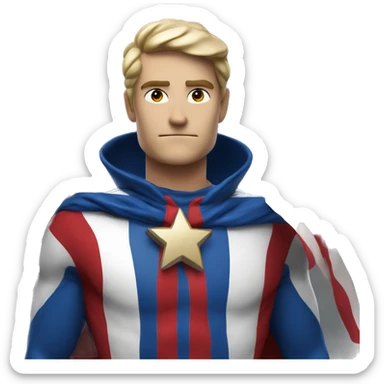 Emoji of Homelander from ‘The Boys’ series. USA flag-inspired costume with cape (red, blue, white). Confident, slightly menacing expression. sticker