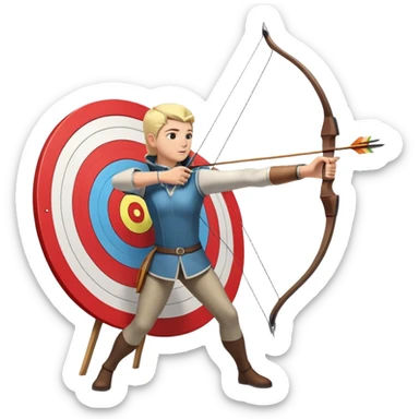 An archer drawing a bow and aiming an arrow at a target, with perfect focus and precision. The target is visible in the background, featuring concentric rings. The scene captures the concentration and skill involved in archery, emphasizing the elegance and accuracy of the sport. sticker