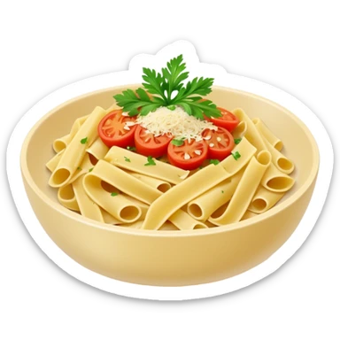 garlic butter pasta in a bowl with seasoning of parsley leaves and a bit of parmesan cheese and light tomato sauce sticker