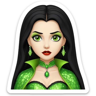 Verona, Bride of Dracula from Van Helsing with long black hair, lime green sequin outfit sticker