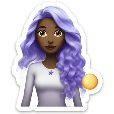 white woman with mystical sparkling galaxy hair with moon and stars in purple and blue shades sticker