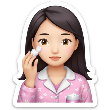 angelic asian girl doing skin care in pink pajamas, applying cream to her face sticker