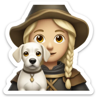 young medieval pilgrim with hat and blond hair and white little dog sticker