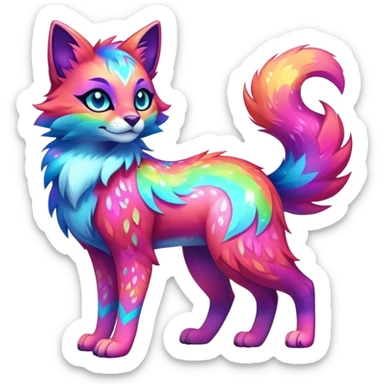 Vibrant multicolored neon-colored Falvie-Fionbri-creature-sparkle-feline-canine-hybrid-fursona, full body, fur pattern-markings sticker