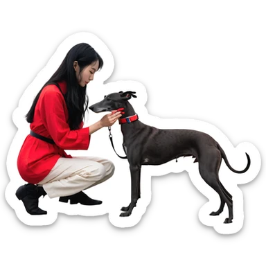 A very beautiful and attractive 25-year-old Japanese woman with long flowing black hair gently petting a PURE SOLID DARK GREY whippet wearing only a bright RED COLLAR on a beach at night under a starry sky. The whippet MUST be 100% SOLID DARK GREY with ABSOLUTELY NO WHITE MARKINGS ANYWHERE - specifically NO WHITE on face, NO WHITE on chest, NO WHITE on paws, NO WHITE anywhere - ENTIRELY ONE CONSISTENT SOLID DARK GREY COLOR throughout the entire dog from nose to tail tip. Only exception is the bright red collar. Deep blue night sky filled with bright stars, moonlight reflecting on the ocean, sandy beach in the foreground. sticker