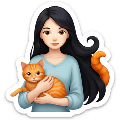 beautiful girl with flowing long black hair holding a cute orange ginger cat sticker