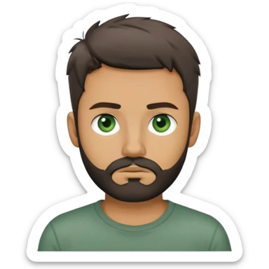 man with dark messy short hair, dark green eyes, gray T-shirt, and short beard sticker