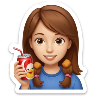 brown hair girl eating with mouth on the chicken nugget and holding a soda can sticker