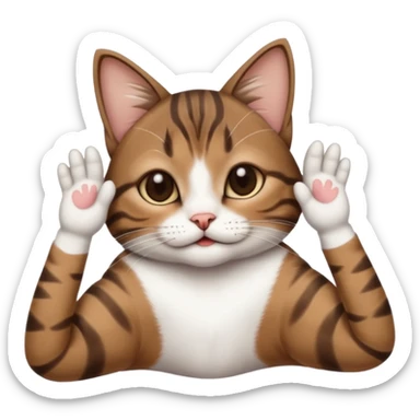 dark brown tabby and white small cat in funny positions upside down with paws covering eyes sticker