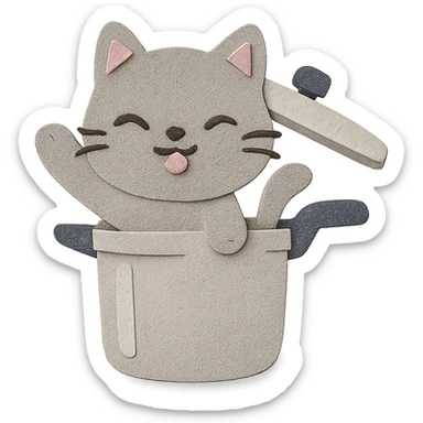 chibi pressure cooker cat popping out of the lid, playful expression, soft grey, full-body sticker