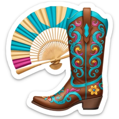Cowboy boots in front of an open hand held fan sticker
