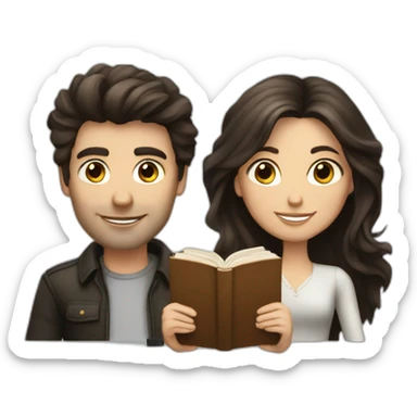 a brunette guy and long dark hair lady with a book sticker