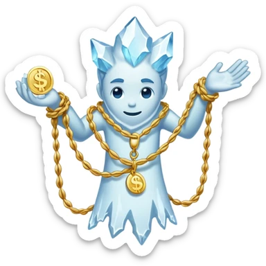 Snow elemental shaped more like a human—think tall, jointed limbs, maybe even facial expressions made of ice or snow flaunting money wearing gold rope chain sticker