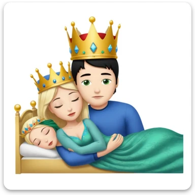 Blonde Queen with crown, Green eyes, naked, kissing man, naked, no crown, black hair, blue eyes, whole Body, Background sleeping room  sticker