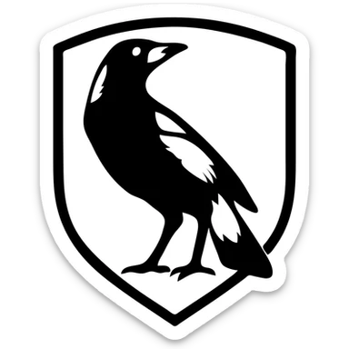 Collingwood Magpies logo-inspired magpie, bold black and white, shield background, modern style sticker