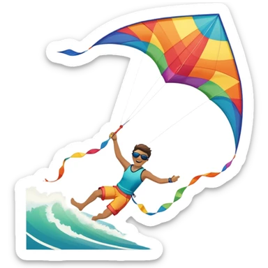 A person soaring through the sky while holding onto a colorful kite on a windy beach. The kite is catching the wind, and the backdrop features waves crashing on the shore, capturing the excitement and freedom of kitesurfing. sticker