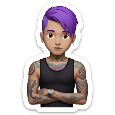 men with tatoos and hightlight that tatoos with purple hair and black dress and close look sticker