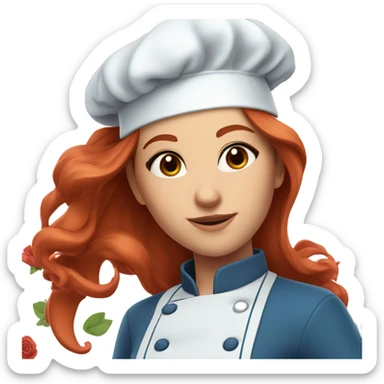Attractive long red hair girl chef, with blue clothes on all blue.. and roses on her clothes with beautiful brown eyes not round  sticker