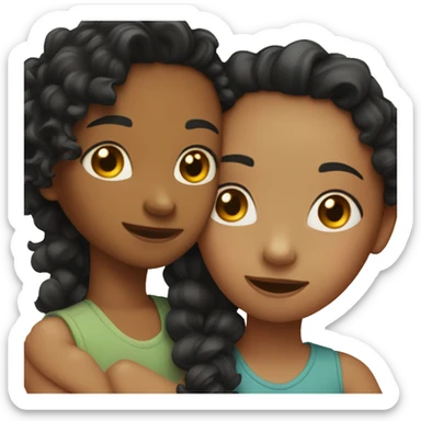 2 girls, one with black curly hair and one with ginger hair hugging sticker