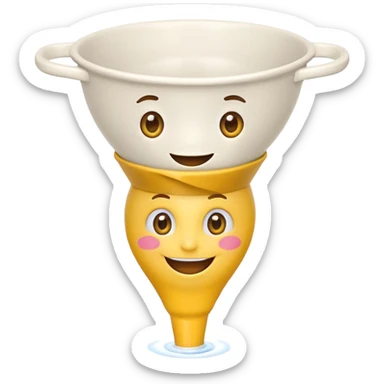 Crazy laughing emoji on upside-down kitchen funnel on its head (not a hat), wide smile, big eyes, cartoon emoji style, bright colors. sticker