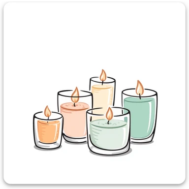 candles in glass holders, some lit with gentle flames, pastel colors dd9fb0 ffc6d3 a3bfc9 c4bee2 f1b091, detailed hand-drawn doodle style sticker