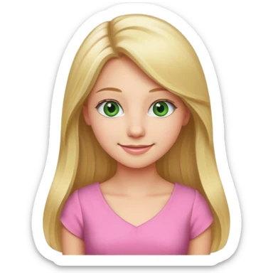 long blonde hair, real estate broker, 20 years old with a smile, green eyes, cute pink corporate dress sticker