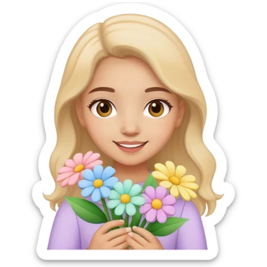 Light skinned girl happy to hold pastel color flowers sticker