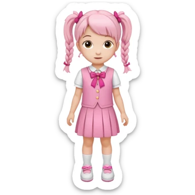 small girl wearing pink student uniform, white dress, white shoes and a bow on her pigtail hair sticker