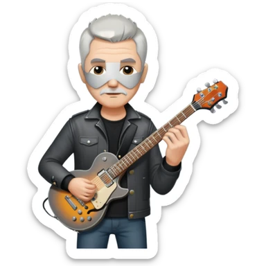 a short grey hair with no beard, middle age metal head with a classic epiphone eletric guitar sticker