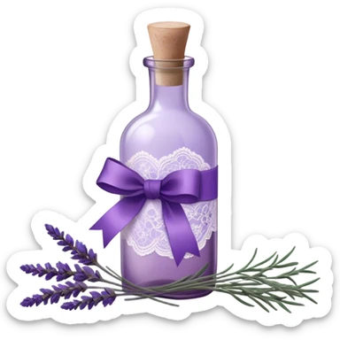 A vintage glass bottle, filled with delicate lavender stems in varying shades of soft lilac and deep aubergine, is adorned with a hand-dyed violet ribbon tied into a gentle bow. The light filters through the dusty glass, casting shadows of lavender sprigs onto the lace-covered surface, as if capturing a fleeting moment of serenity.






 sticker