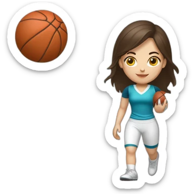 White skin brunette female playing football with very small basket ball sticker