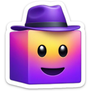 purple gradient smiling cube with 2 hands on its side and 2 legs below with a hat sticker